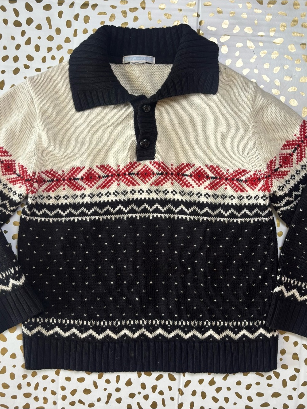 Janie and Jack Black Cream & Red Fair Isle Sweater